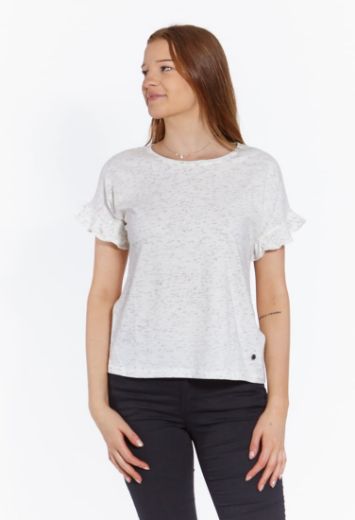 Image de T-shirt oversize à volants, blanc moucheté de noir