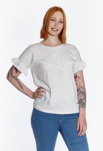 Image de T-shirt oversize à volants, blanc moucheté de noir